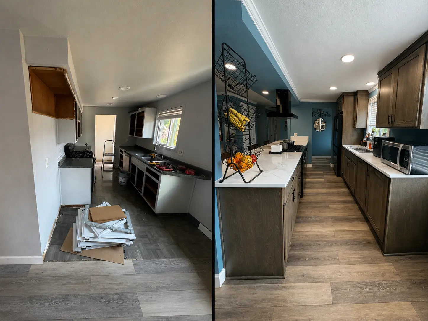 Before and after kitchen remodel with new cabinets, countertops, and flooring by Dexica Construction in the Oregon Pacific Northwest
